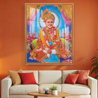 Sahajanand Swami Seated on Royal Throne Painting  l 24K Gold Acrylic Vertical Wallart