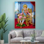 Sahajanand Swami seated on a golden throne in pink and blue royal garments, wearing jeweled ornaments and raising one hand in blessing.