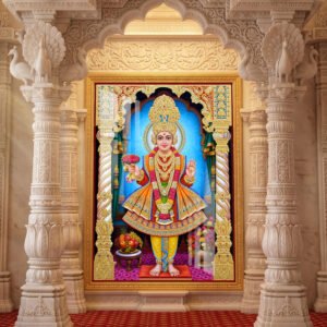 Lord Shree Swaminarayan in The Golden Mandir l 24K Gold l Acrylic Vertical Wallart