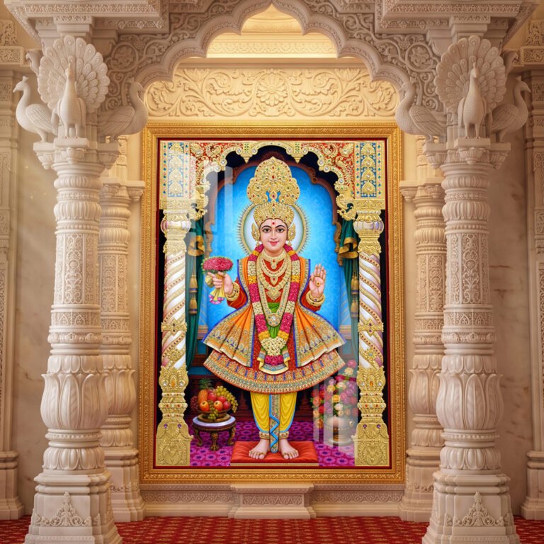 Bhagwan Swaminarayan standing in colourful traditional attire inside an ornate golden temple arch with floral offerings.