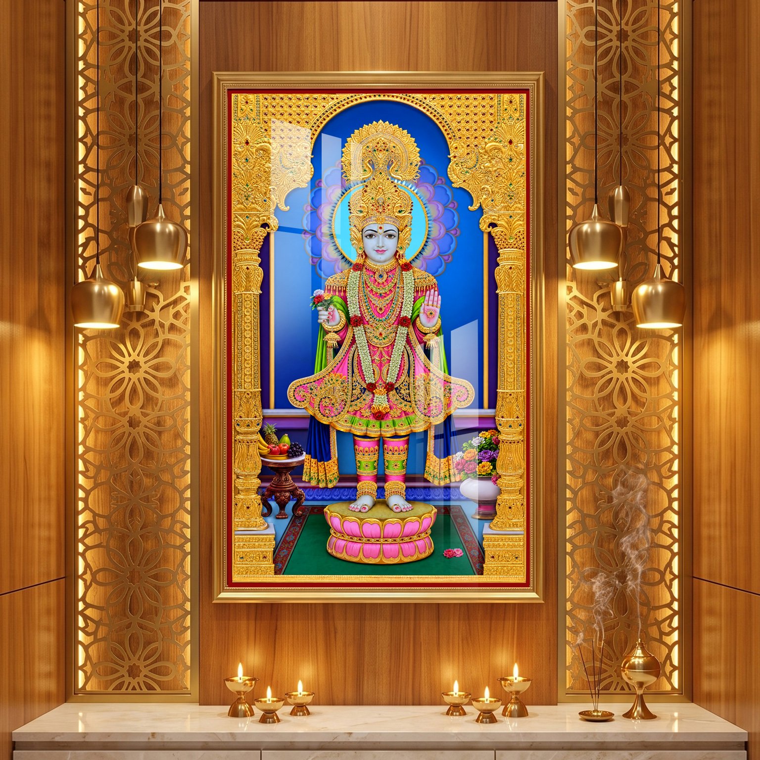 Ghanshyam Maharaj on the Pink Lotus Throne 24K Gold Acrylic Vertical Wallart aumedabad