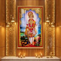 Swaminarayan Maharaj in traditional red and gold attire, standing amid flowers and greenery beneath a radiant halo.