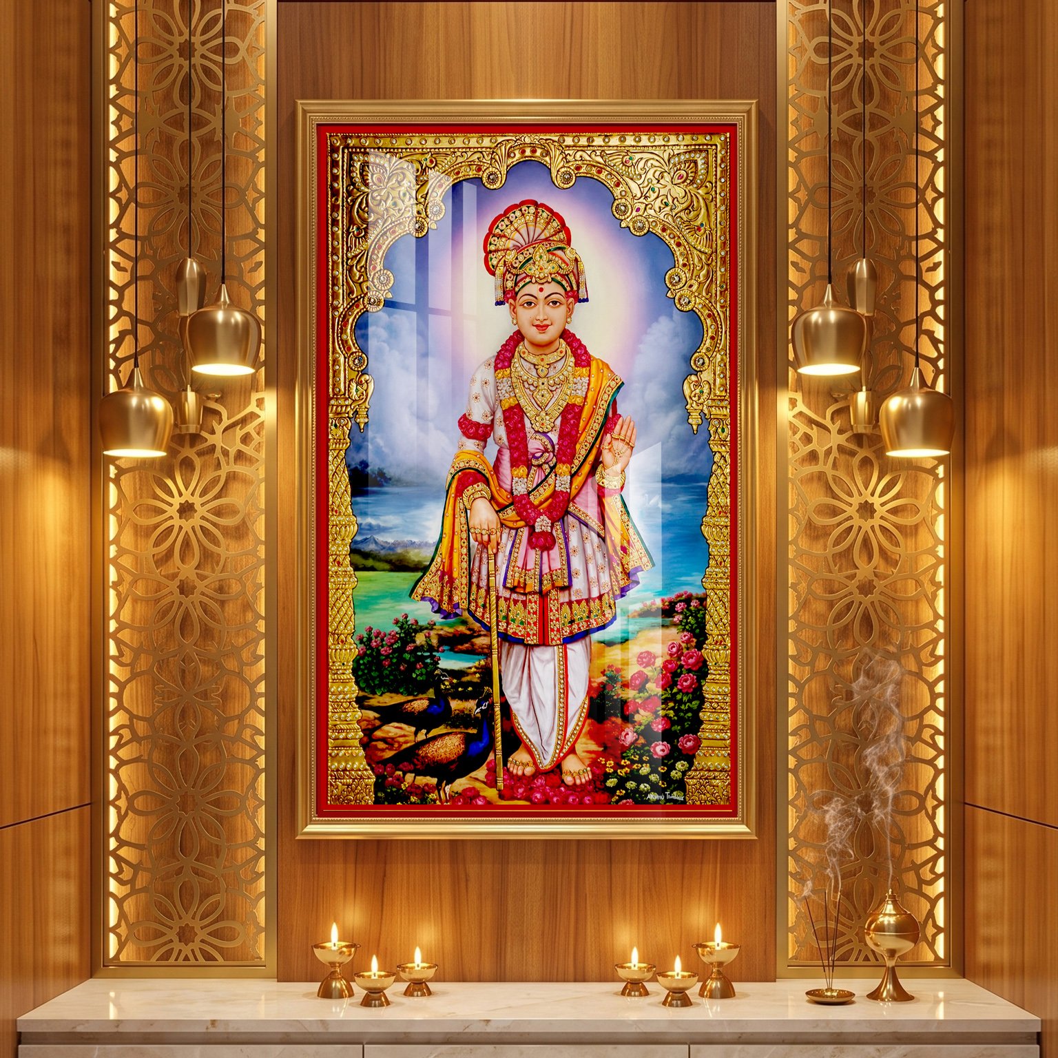 Swaminarayan Maharaj in traditional red and gold attire, standing amid flowers and greenery beneath a radiant halo.