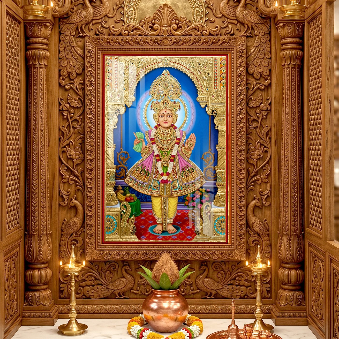 Swaminarayan Maharaj in white and gold devotional attire inside a blue temple alcove with golden ornamentation and flower offerings.