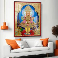 Lord Swaminarayan in the Blue Sanctum l 24K Gold l Acrylic Vertical Wallart Hover Image