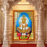 Swaminarayan Maharaj standing in colourful traditional garments beneath an ornate gold arch with a blue halo.