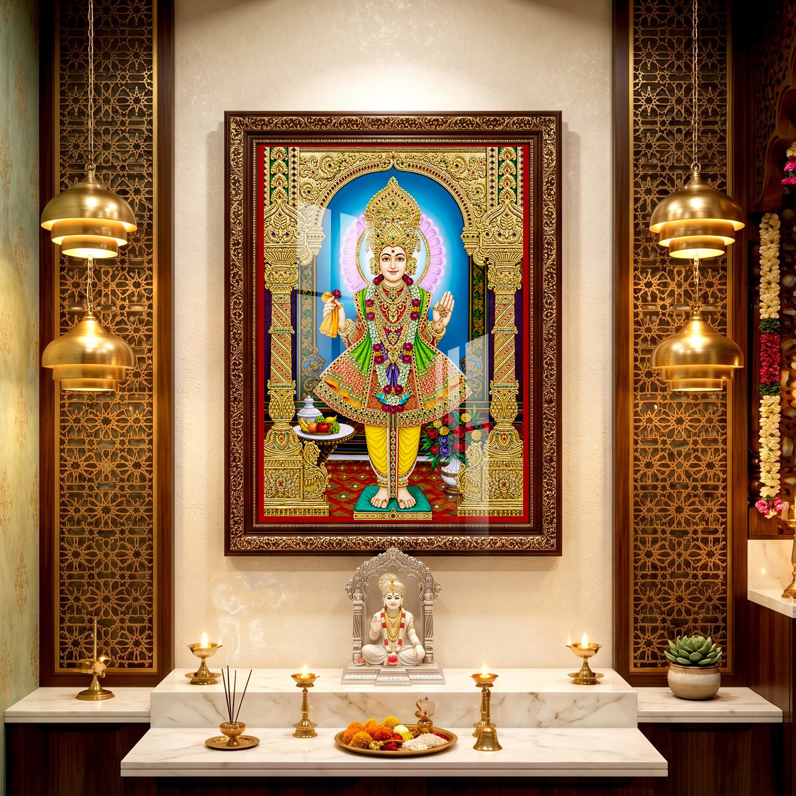 Lord Swaminarayan in the Royal Golden Shrine l 24K Gold l Acrylic Vertical Wallart