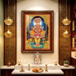 Swaminarayan Maharaj in vibrant green, pink and gold garments beneath an elaborate golden arch.