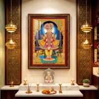 Swaminarayan Maharaj in vibrant green, pink and gold garments beneath an elaborate golden arch.