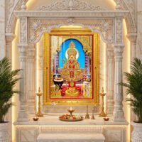 Swaminarayan Maharaj in elaborate gold and red devotional attire, framed by ornate temple pillars and flower offerings.