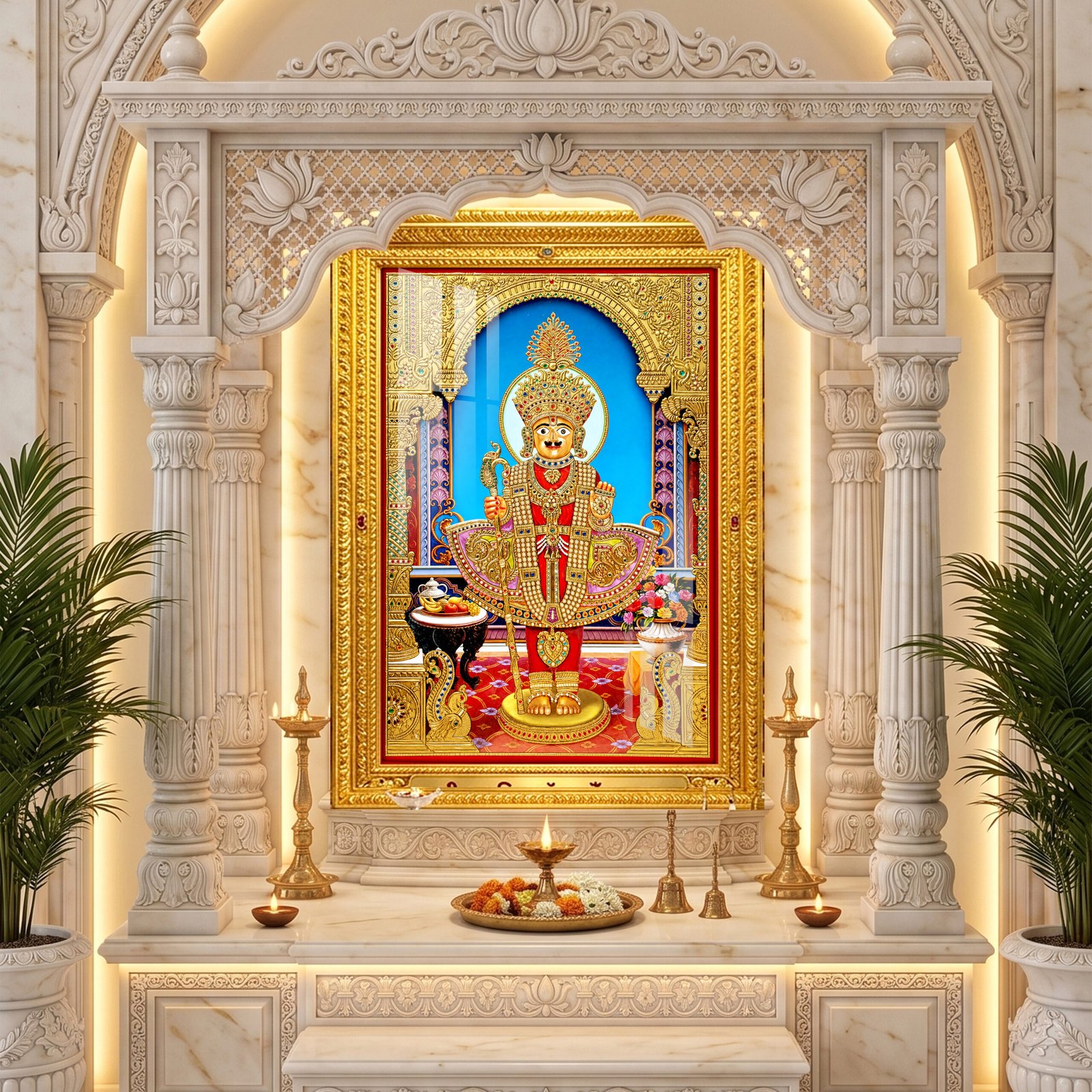 Swaminarayan Maharaj in elaborate gold and red devotional attire, framed by ornate temple pillars and flower offerings.
