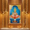 Swaminarayan Maharaj wearing a golden crown and white, red and gold attire against a turquoise-blue background.