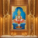 Swaminarayan Maharaj wearing a golden crown and white, red and gold attire against a turquoise-blue background.