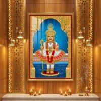 Swaminarayan Maharaj wearing a golden crown and white, red and gold attire against a turquoise-blue background.
