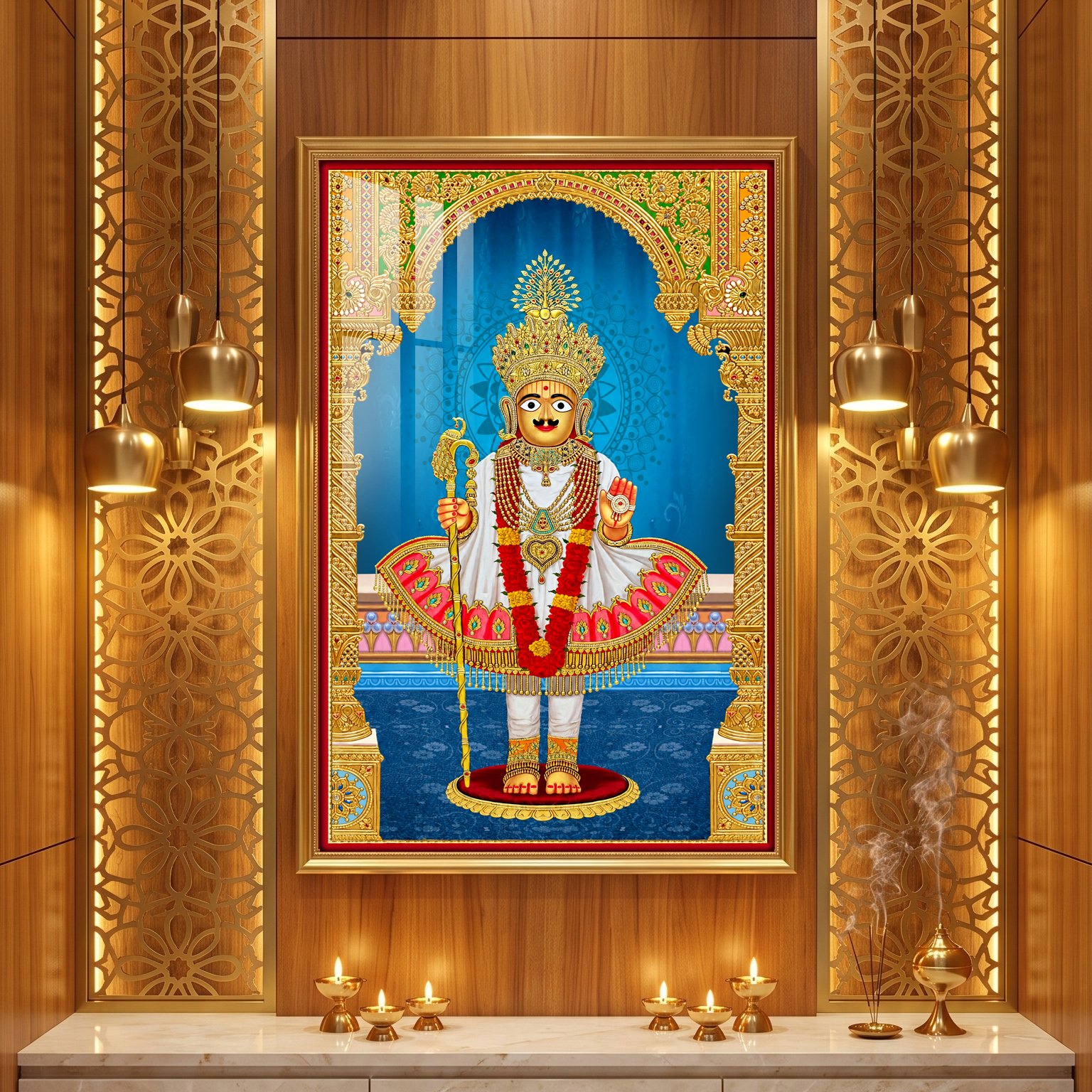 Swaminarayan Maharaj wearing a golden crown and white, red and gold attire against a turquoise-blue background.