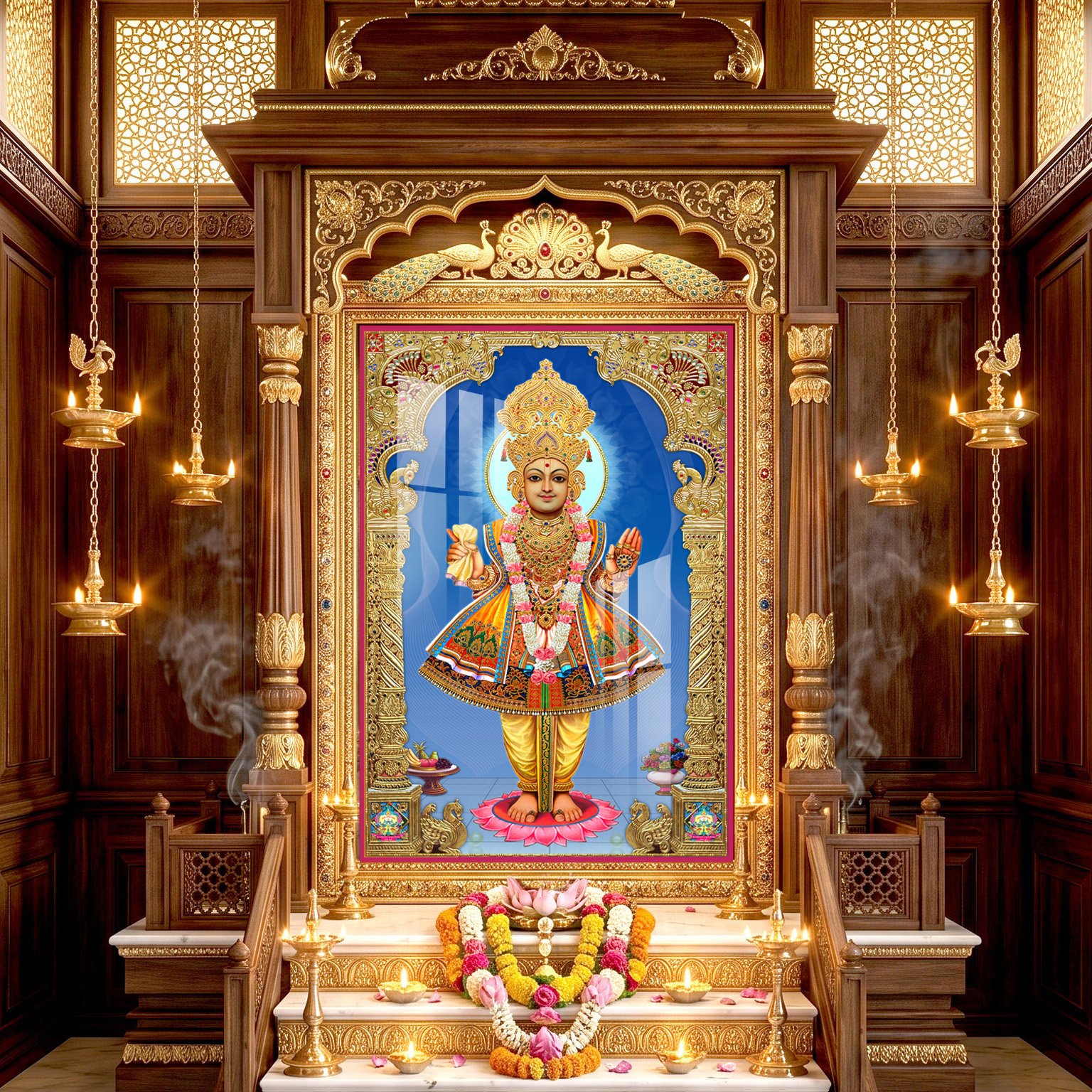 Divine figure in ornate traditional garments standing on a pink lotus pedestal, surrounded by a golden ornamental arch.