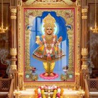 Shree Ghanshyam Maharaj on the Pink Lotus l 24K Gold l Acrylic Vertical Wallart Hover Image