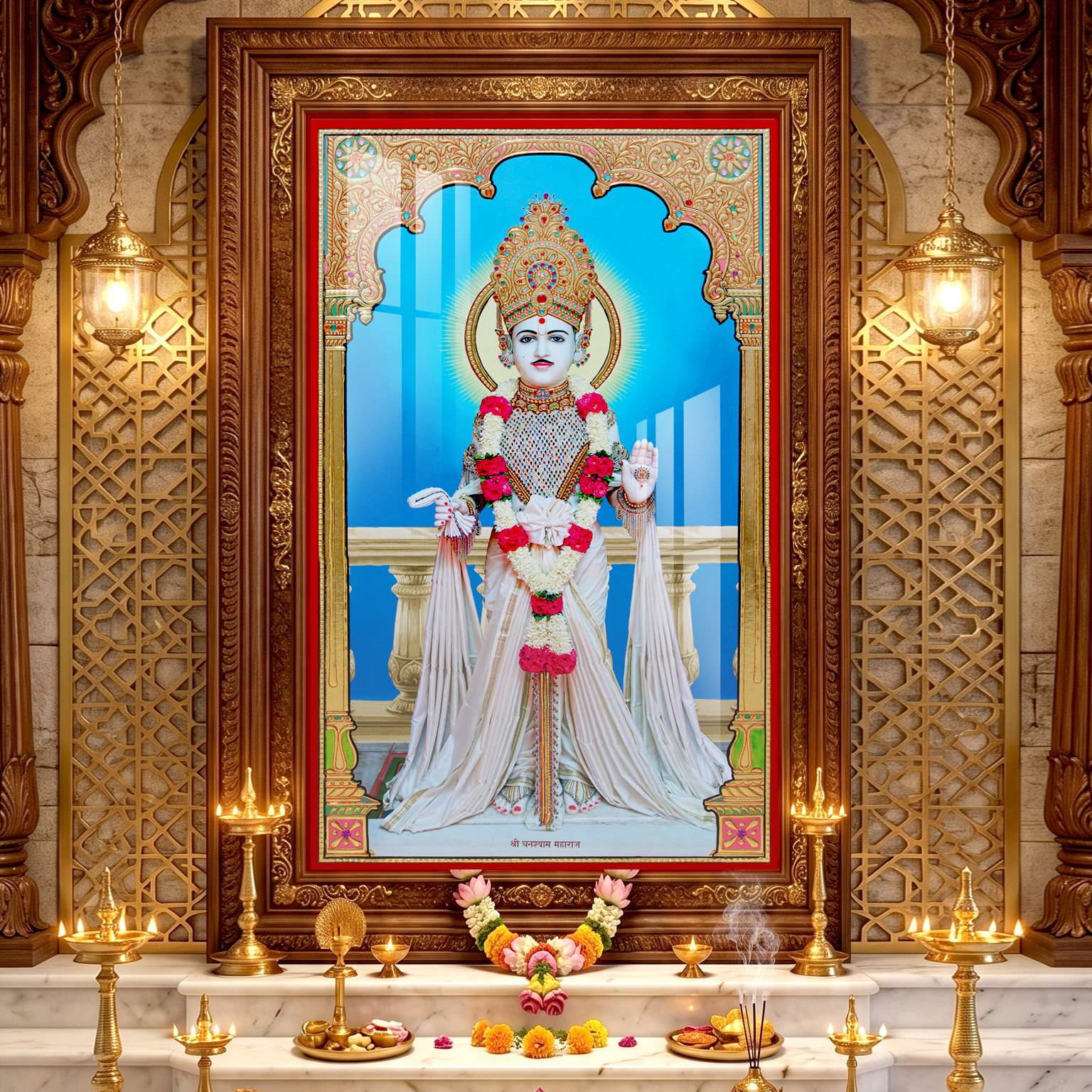 Akshar purusottam Maharaj in White Divine Robes l 24K Gold l Acrylic Vertical Wallart brisbne australia
