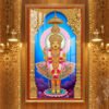 Shree Swaminarayan Bhagwan divine darshan wearing colorful traditional poshak and golden crown in an ornate golden temple.
