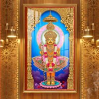 Shree Swaminarayan Bhagwan divine darshan wearing colorful traditional poshak and golden crown in an ornate golden temple.