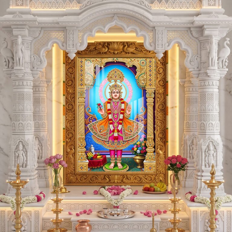Beautiful Lord Swaminarayan murti adorned with golden jewelry, flower garlands and royal traditional dress with blue divine halo.