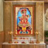 Shree Swaminarayan Bhagwan in royal red and golden poshak with beautiful ornaments and traditional temple decorations.