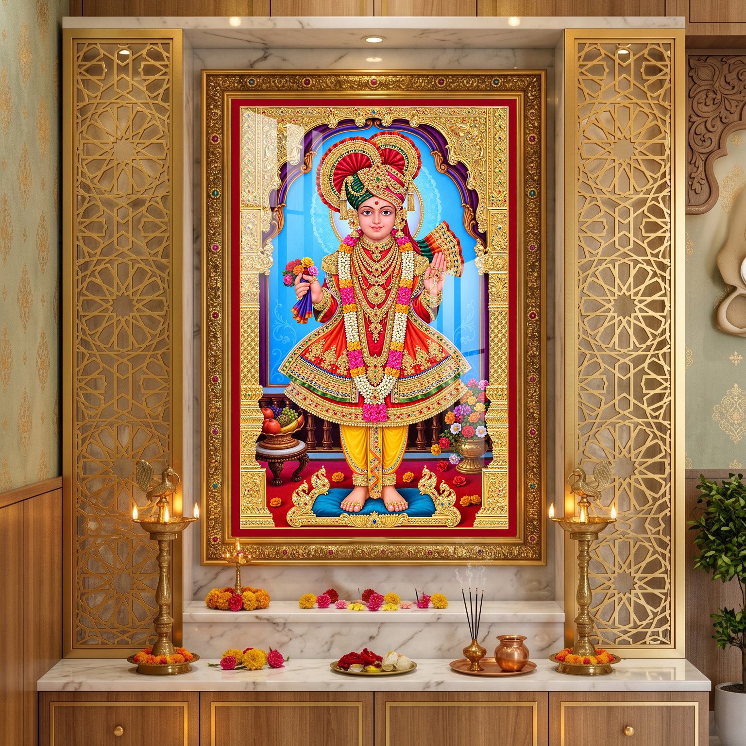 Shree Swaminarayan Bhagwan in royal red and golden poshak with beautiful ornaments and traditional temple decorations.