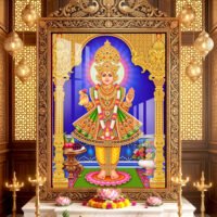 Divine Shree Swaminarayan Bhagwan wearing yellow and golden traditional dress with precious jewelry inside a golden temple.