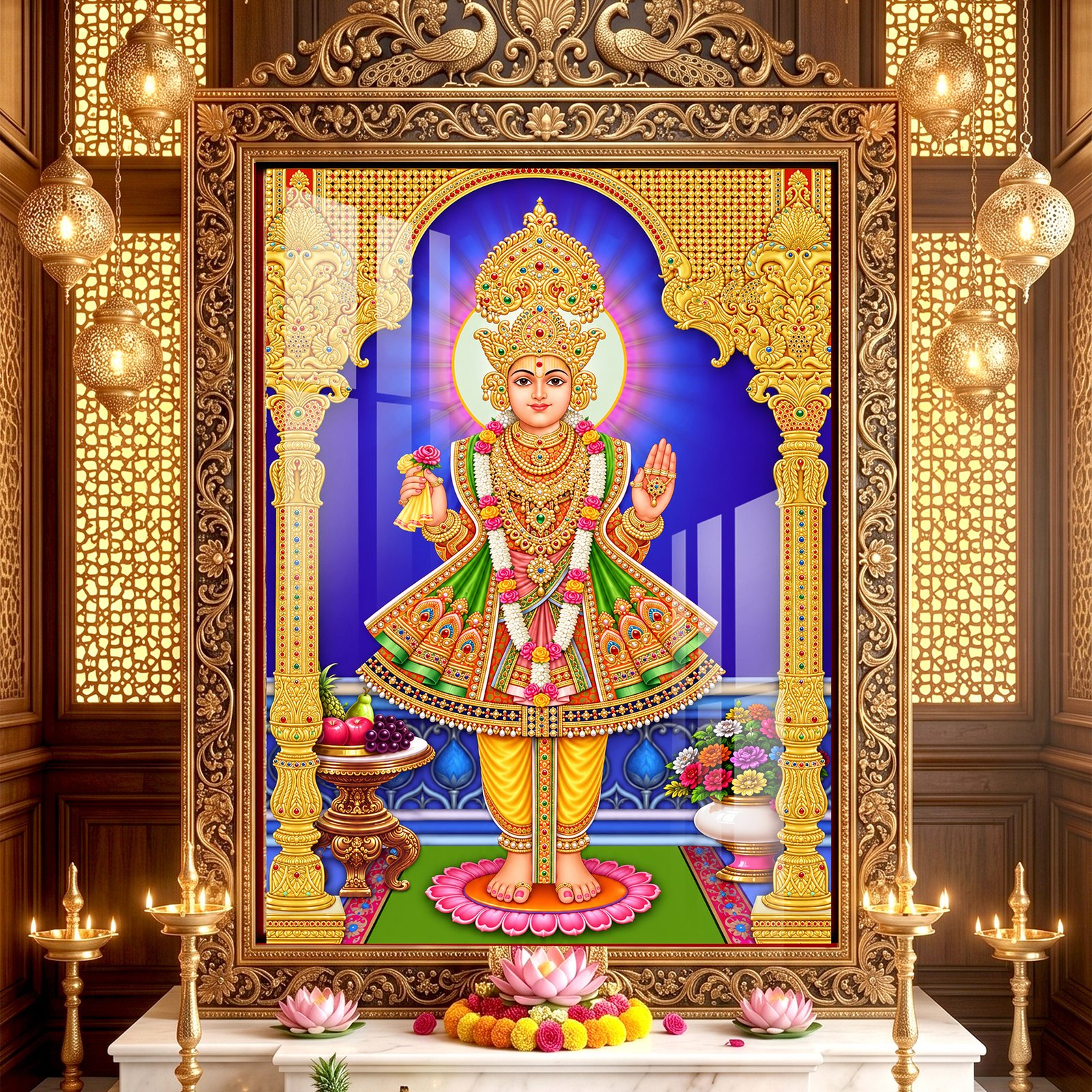 Divine Shree Swaminarayan Bhagwan wearing yellow and golden traditional dress with precious jewelry inside a golden temple.