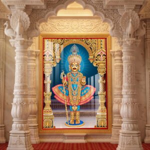 Lord Swaminarayan Divine Murti in Royal Blue Poshak  l 24K Gold Acrylic Vertical Wallart