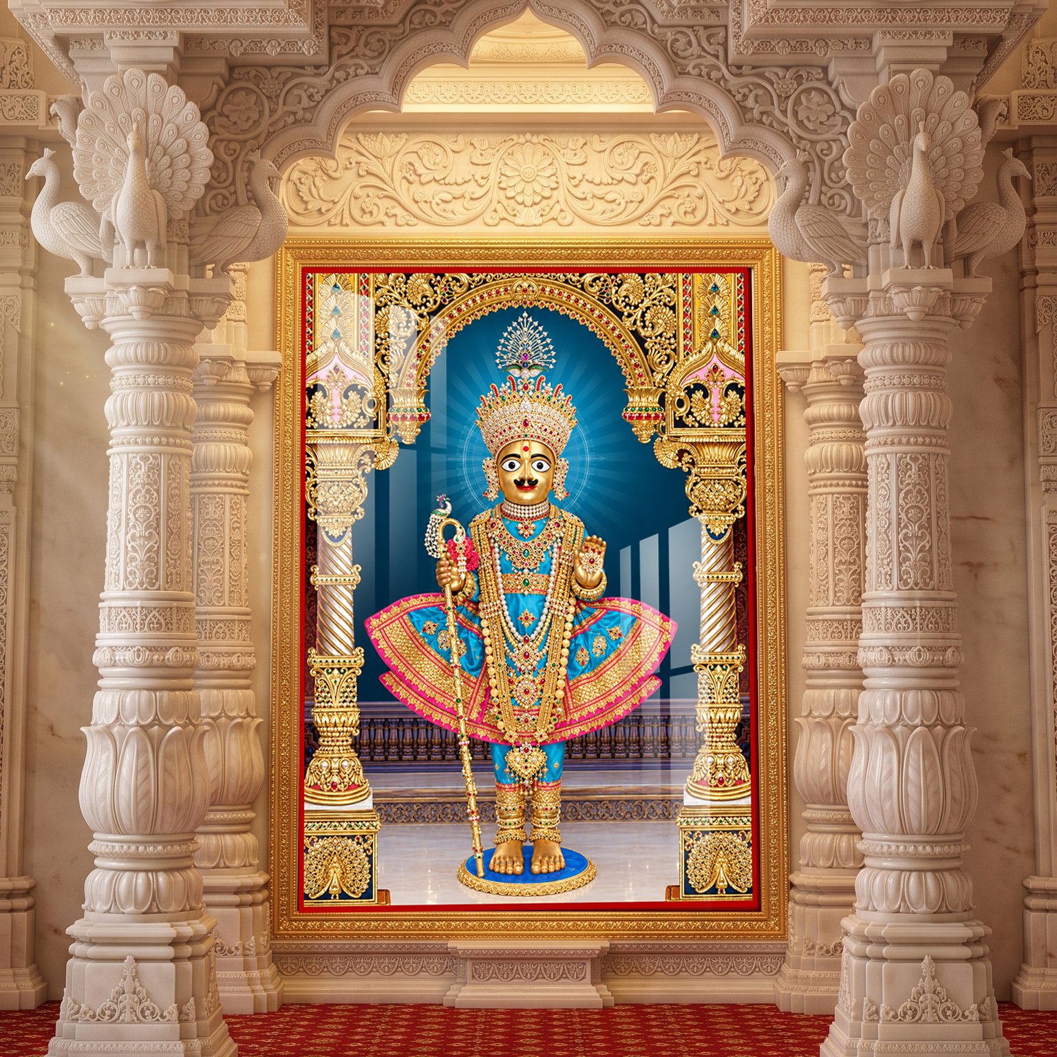Lord Swaminarayan beautiful divine murti dressed in royal blue poshak with golden ornaments and magnificent temple architecture.