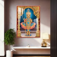 Lord Swaminarayan Divine Murti in Royal Blue Poshak  l 24K Gold Acrylic Vertical Wallart Hover Image
