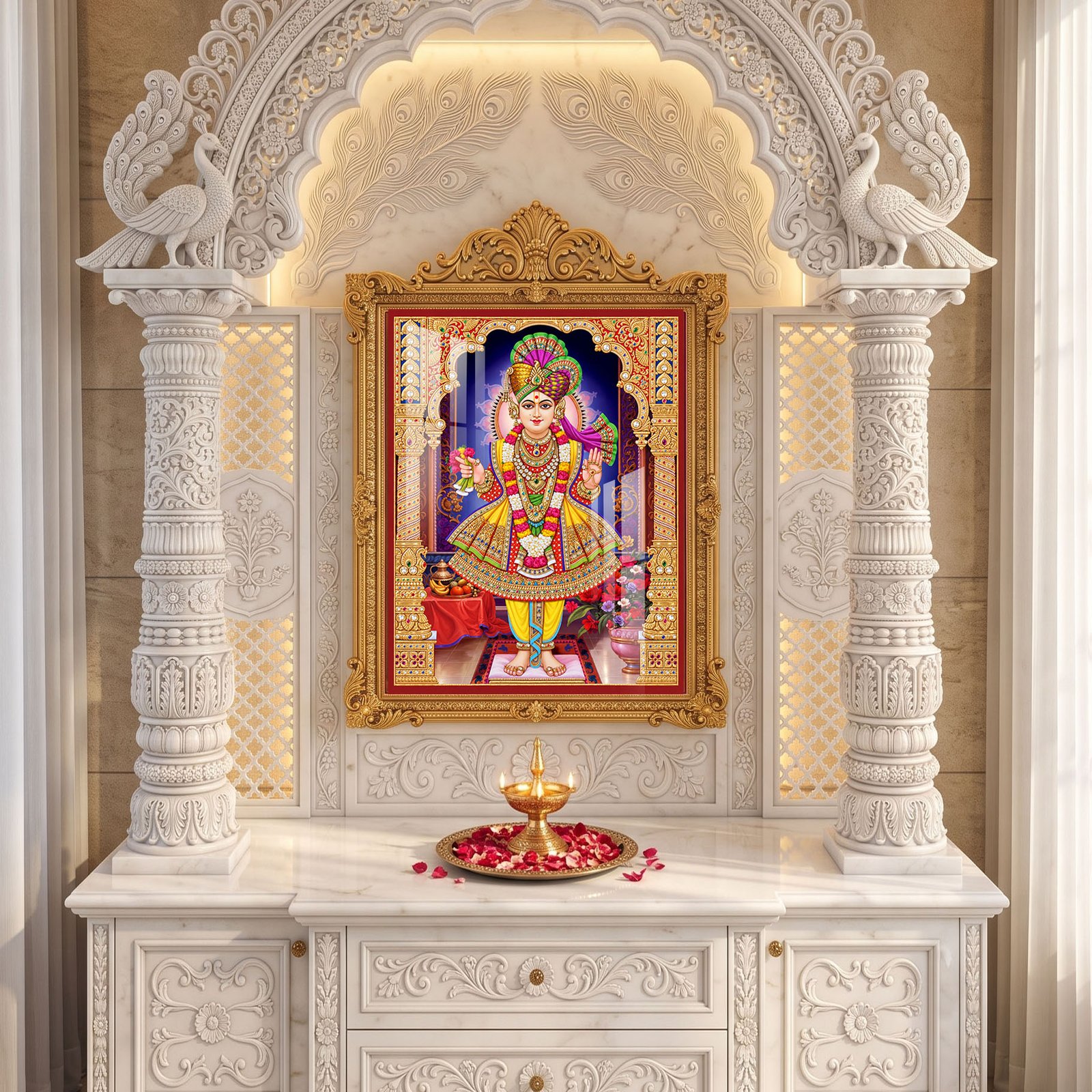Shree Swaminarayan Bhagwan royal shringar darshan with colorful embroidered poshak and intricate golden temple decorations.