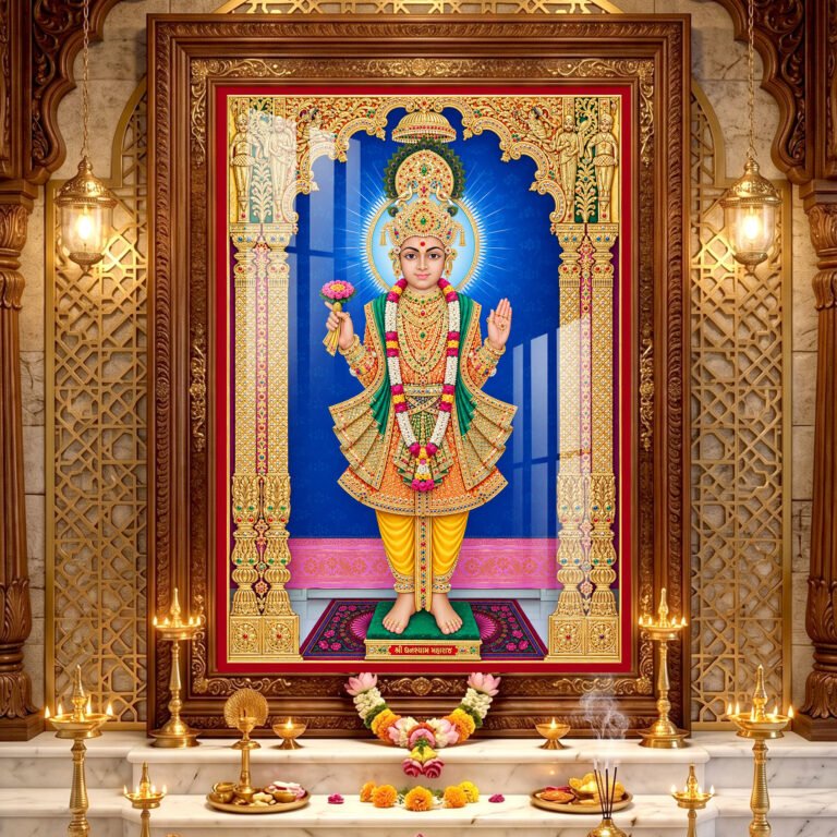 Lord Swaminarayan standing in divine pose wearing yellow traditional poshak and golden crown inside a beautifully decorated temple.