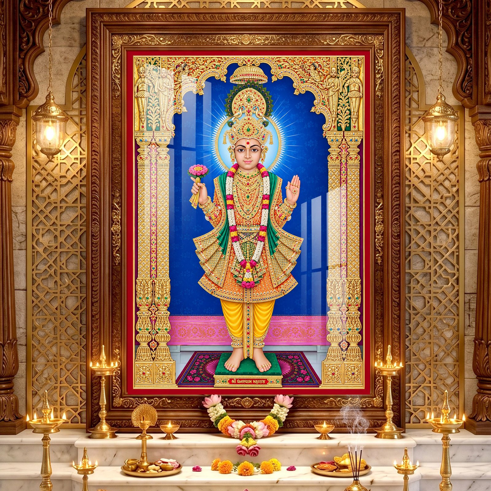 Lord Swaminarayan standing in divine pose wearing yellow traditional poshak and golden crown inside a beautifully decorated temple.