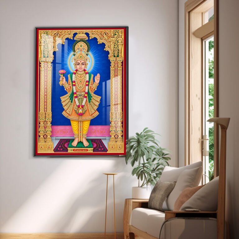 Shree Swaminarayan Bhagwan Grand Temple Shringar Darshan  l 24K Gold Acrylic Vertical Wallart Hover Image