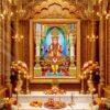 Shree Swaminarayan Bhagwan divine royal shringar with colorful traditional dress, floral garlands and richly decorated golden mandir.