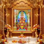 Shree Swaminarayan Bhagwan divine royal shringar with colorful traditional dress, floral garlands and richly decorated golden mandir.