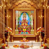 Shree Swaminarayan Bhagwan divine royal shringar with colorful traditional dress, floral garlands and richly decorated golden mandir.
