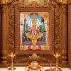 Beautiful Lord Swaminarayan murti wearing vibrant traditional poshak and golden jewelry beneath an ornate temple arch.