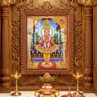Beautiful Lord Swaminarayan murti wearing vibrant traditional poshak and golden jewelry beneath an ornate temple arch.
