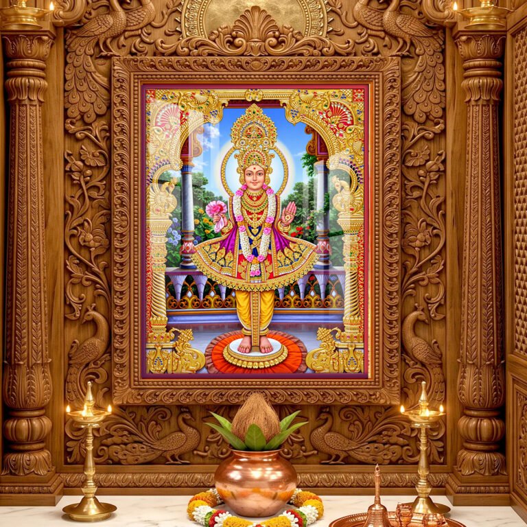 Beautiful Lord Swaminarayan murti wearing vibrant traditional poshak and golden jewelry beneath an ornate temple arch.