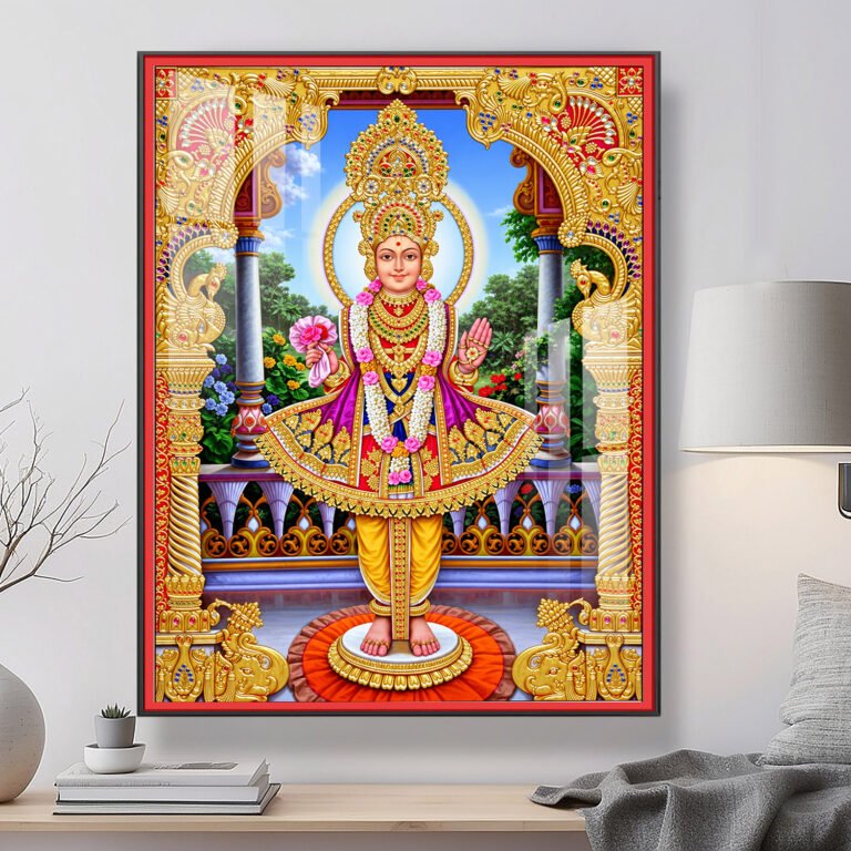 Shree Swaminarayan Bhagwan Beautiful Blue Halo Darshan  l 24K Gold Acrylic Vertical Wallart Hover Image