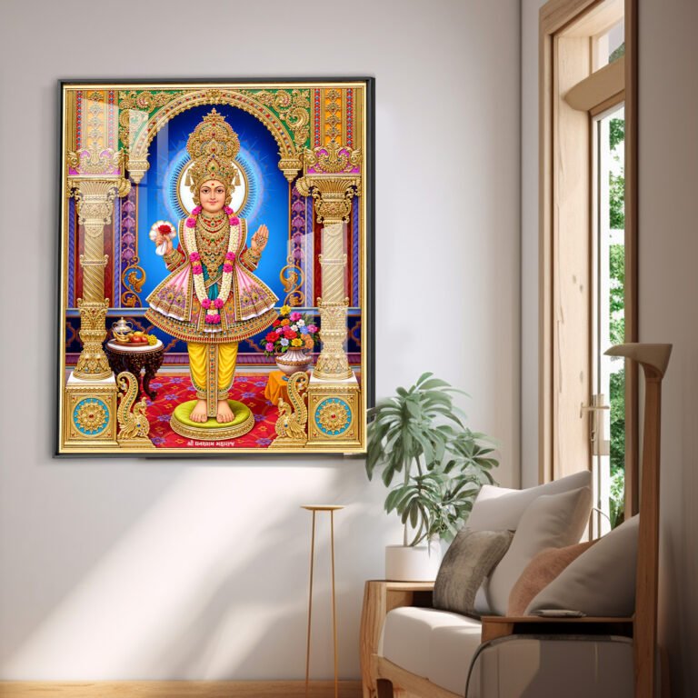 Lord Swaminarayan Royal Golden Mandir Divine Artwork  l 24K Gold Acrylic Vertical Wallart Hover Image