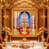 Lord Swaminarayan royal temple darshan adorned with beautiful flower garlands, golden crown and traditional embroidered clothing.