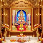 Lord Swaminarayan royal temple darshan adorned with beautiful flower garlands, golden crown and traditional embroidered clothing.
