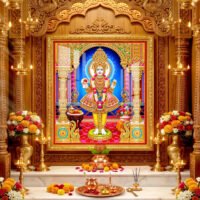 Lord Swaminarayan royal temple darshan adorned with beautiful flower garlands, golden crown and traditional embroidered clothing.