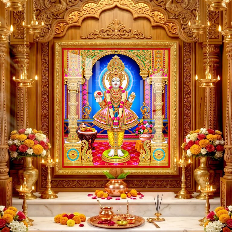 Lord Swaminarayan royal temple darshan adorned with beautiful flower garlands, golden crown and traditional embroidered clothing.