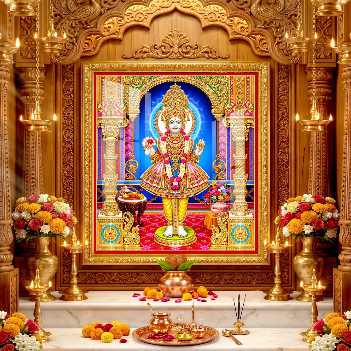 Lord Swaminarayan royal temple darshan adorned with beautiful flower garlands, golden crown and traditional embroidered clothing.