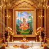 Shree Ghanshyam Maharaj seated on a decorative swing surrounded by green trees, colorful flowers and beautiful temple artwork.